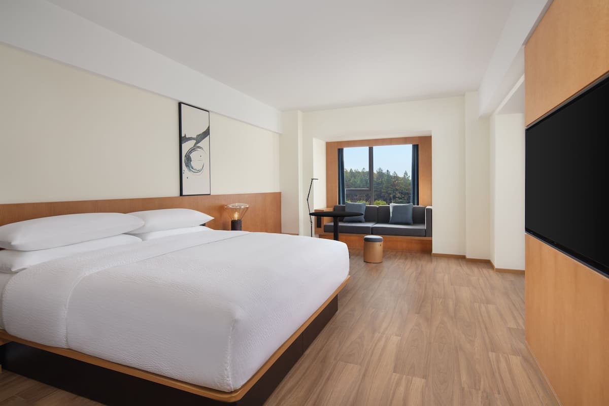 Een moderne hotelkamer met een groot bed, een zithoek met uitzicht en een flatscreen televisie.