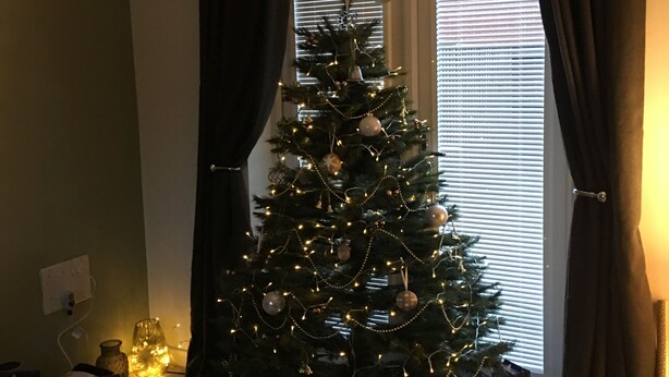 A living room with a Christmas tree, a couch, and a window with curtains. - Impeccable 2-bed House in Attleborough (Attleborough)