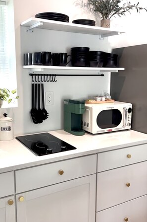Réfrigérateur, micro-ondes, plaque de cuisson, cafetière/bouilloire