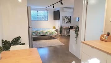 1 bedroom, desk, iron/ironing board, travel cot