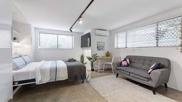 1 bedroom, desk, iron/ironing board, travel cot