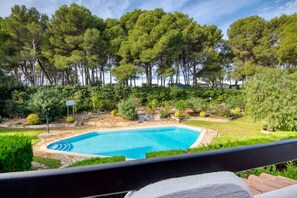 A swimming pool surrounded by lush greenery and trees.