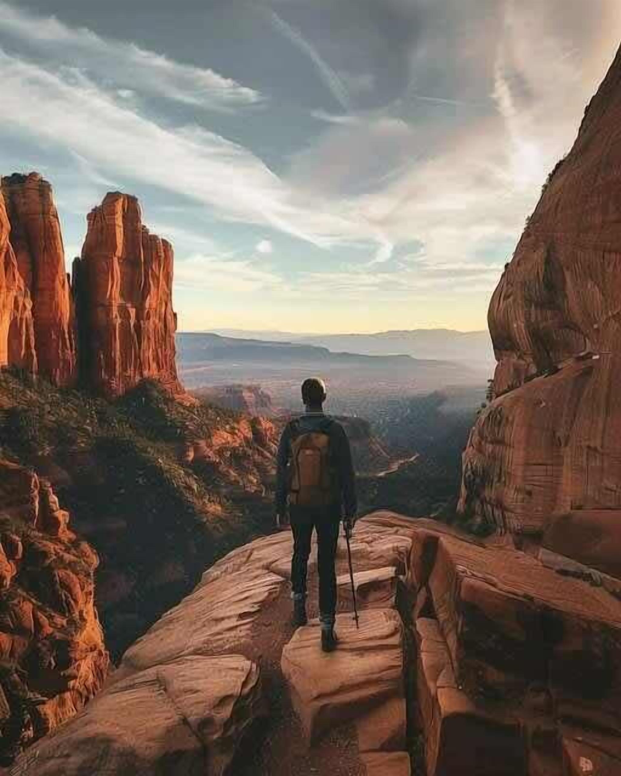 Een persoon staat op een rotsachtige richel met een rugzak, kijkend uit over een canyon met gelaagde rotsformaties.