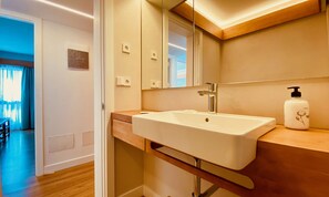 Shower, hair dryer, soap, shampoo