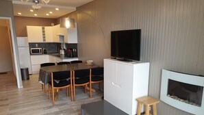 Een moderne woonkamer met een eethoek, een keuken en een open haard.