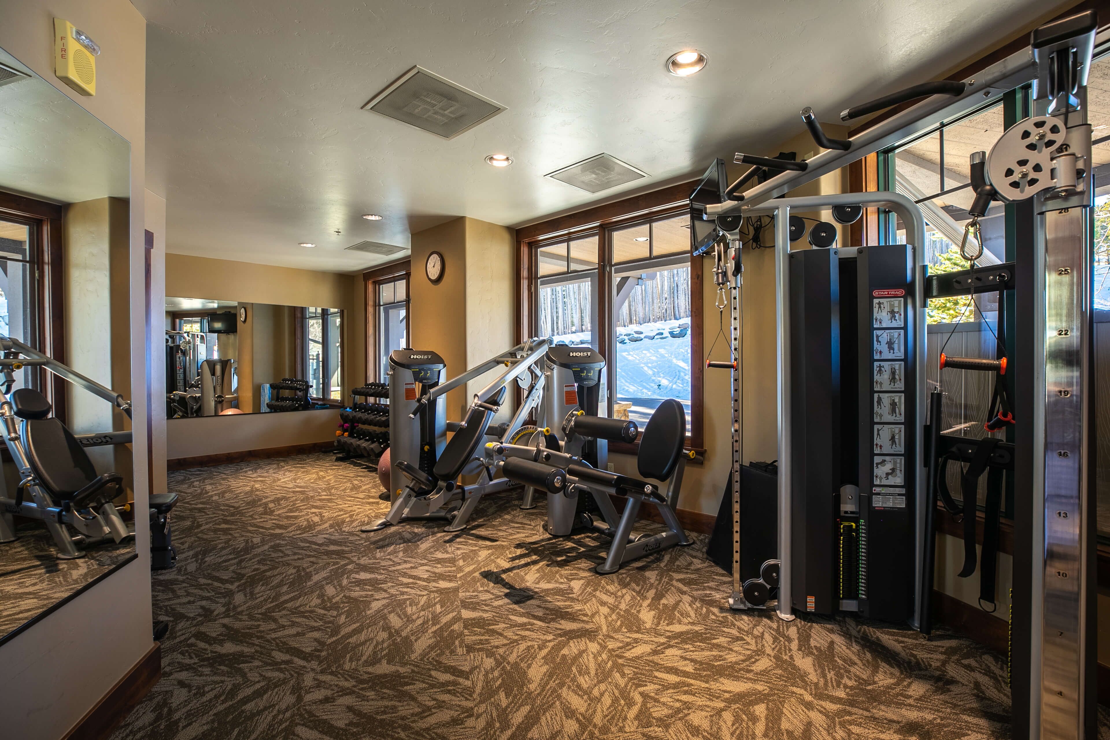A gym with various exercise machines, a patterned carpet, and large windows.