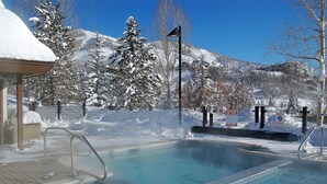 Una piscina exterior climatizada con barandilla metálica, rodeada de árboles nevados y montañas.