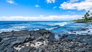 Un rivage rocheux bordé par les vagues de l’océan, un ciel bleu clair et des palmiers qui se dessinent à l’horizon.