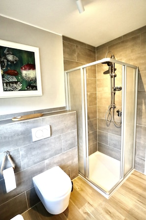 Dusche, Haartrockner, Handtücher, Toilettenpapier