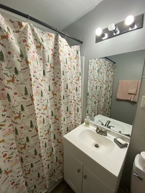 Sèche-cheveux, serviettes fournies, savon, shampoing