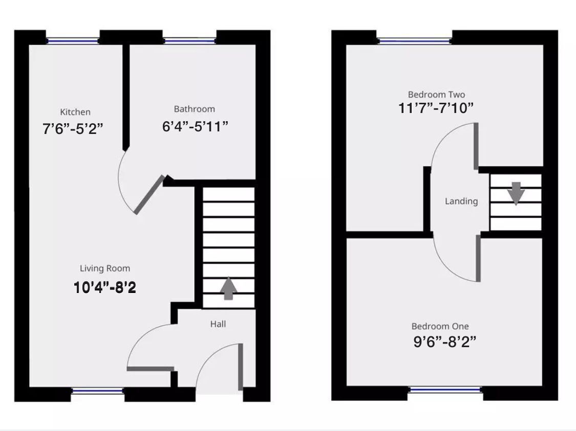 Dos planos de planta de una habitación de hotel, que muestran una cocina, baño, sala de estar y dos dormitorios con dimensiones indicadas.