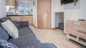 Un espacio habitable compacto con sofá, televisor montado en la pared, kitchenette y puerta de madera.