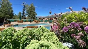 A pool area with lounge chairs and a mountain backdrop. - Ski Side Retreat: Soak, Ski, Sip (Telluride)
