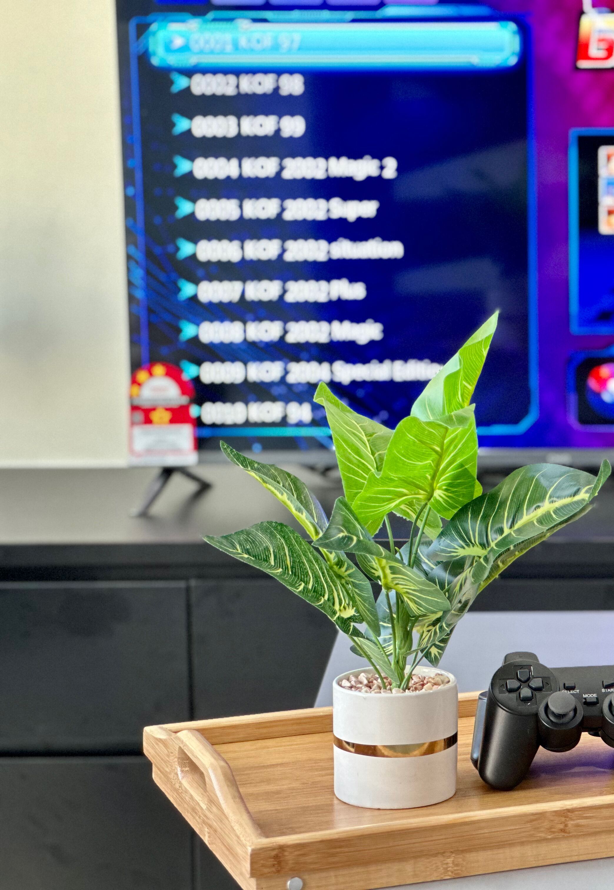 A gaming setup with a monitor displaying game titles, a potted plant, and a game controller on a wooden tray.