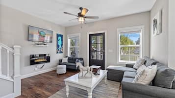 TV, fireplace, table football