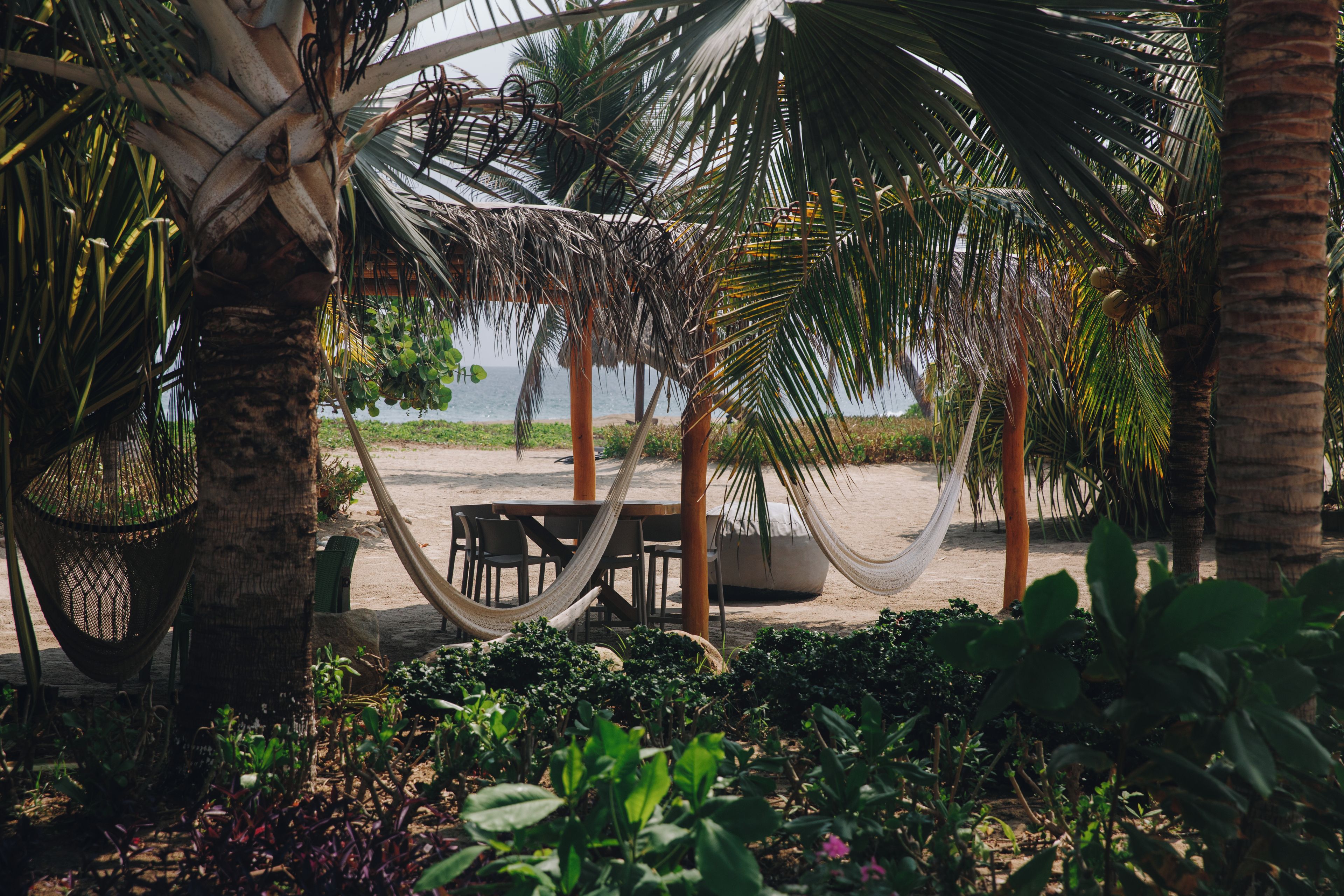 Una hamaca, muebles de madera y palmeras en un jardín.