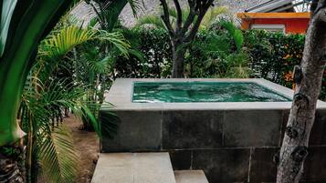 A swimming pool surrounded by lush greenery, with a stone structure and steps leading down to the water.