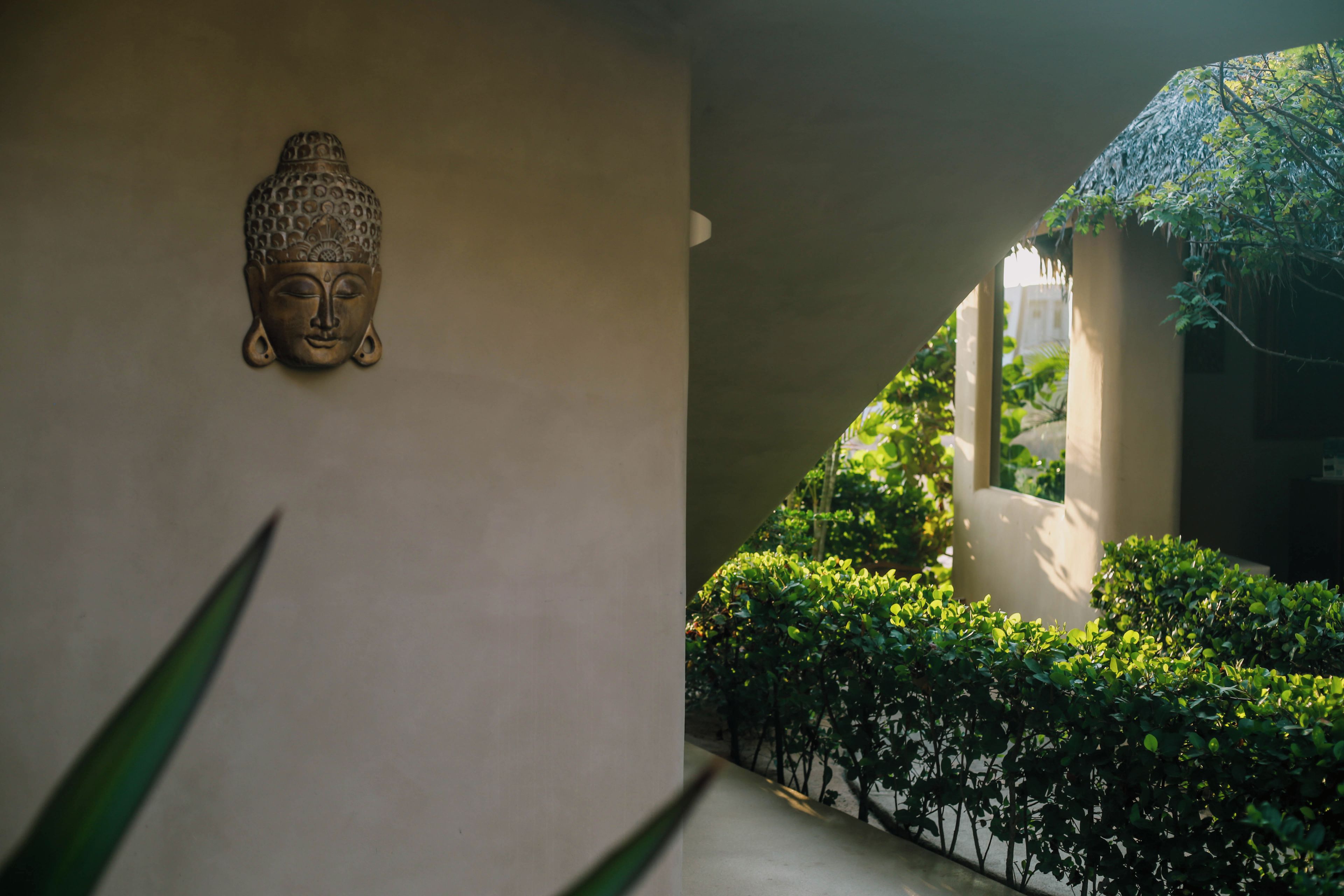 A serene indoor garden with a Buddha statue, lush greenery, and a traditional thatched roof structure.