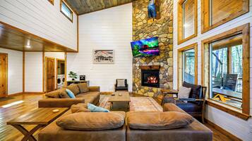 Smart TV, fireplace, foosball