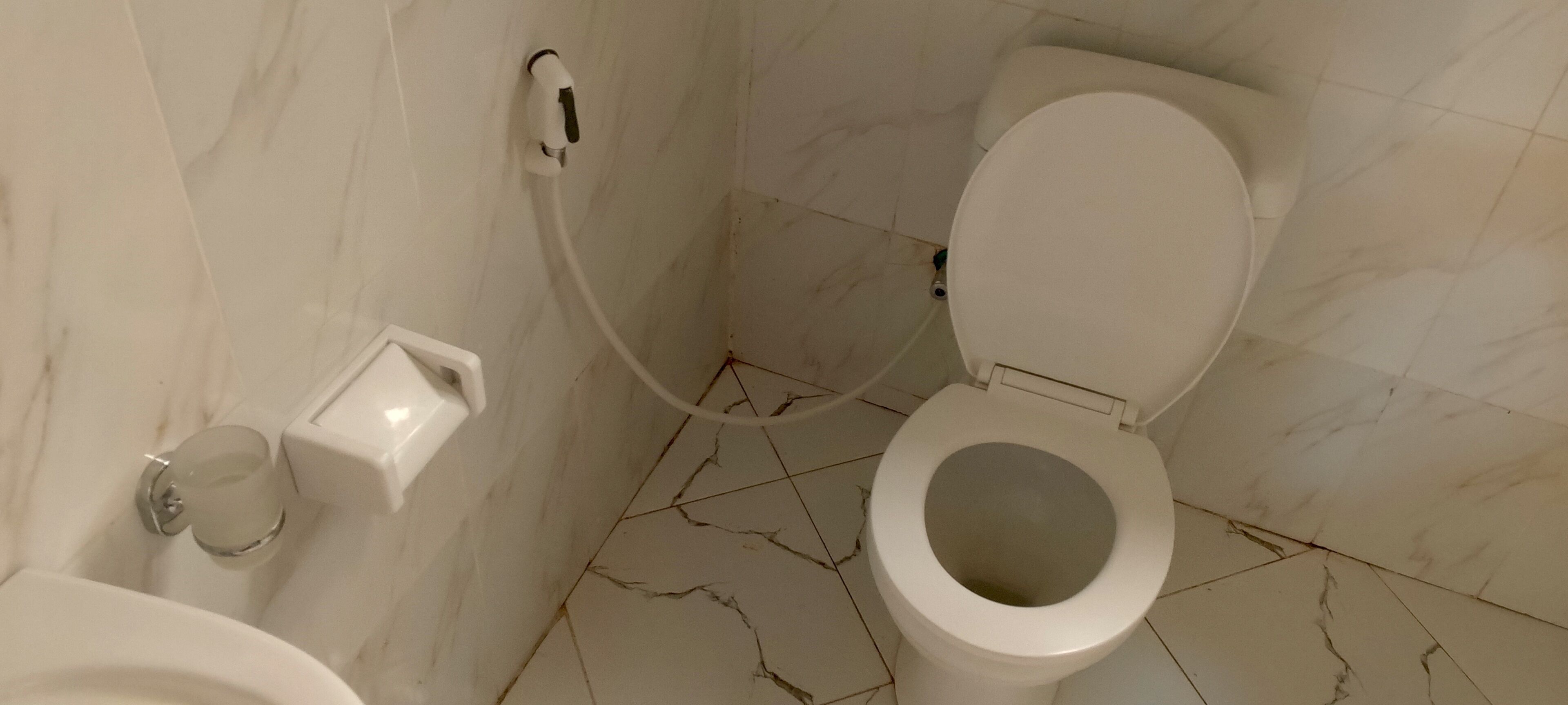 A bathroom with a toilet, a bidet, and a glass of water on the floor.