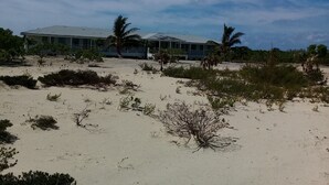 A beachfront property with a large building, palm trees, and sparse vegetation. - Bahamas Fishing Lodge Hotel
Acklins Island (Salina Point)