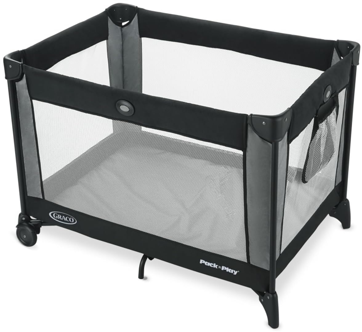 A portable playpen with a mesh screen, wheels, and a Graco logo.