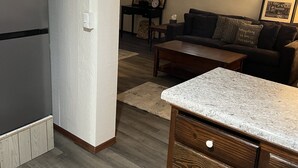 A modern kitchen with a built-in refrigerator, wooden cabinets, and a granite countertop. - Oasis Studio Downtown Cambridge (Cambridge)