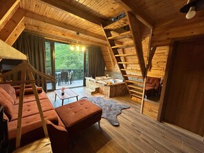 Bungalou superior, balcó, vistes al riu | Sala d'estar