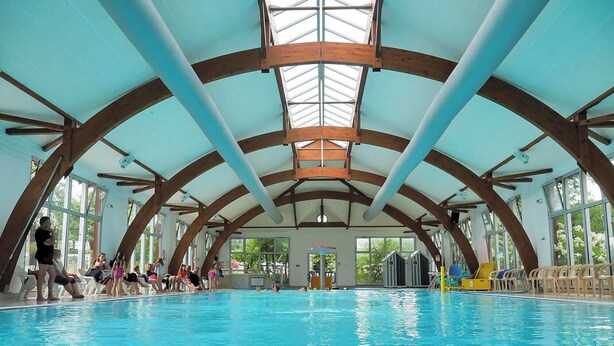 An indoor swimming pool with a high arched ceiling and large windows.