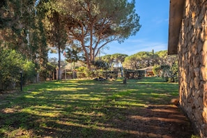 A stone wall, a grassy area, and trees.