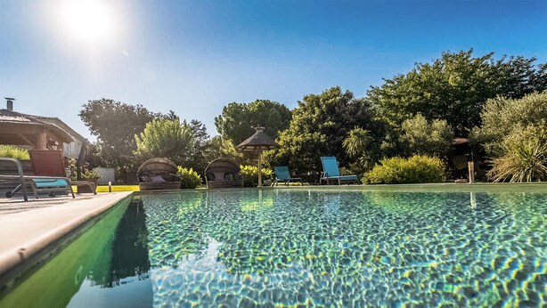 A clear swimming pool with lounge chairs and umbrellas, surrounded by lush greenery and a clear sky. - 2 bedroom gorgeous apartment in Codognan (Codognan)