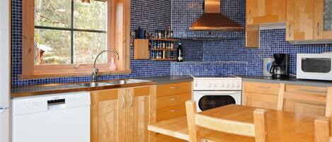 Fridge, stovetop, dishwasher, coffee/tea maker