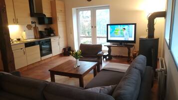 Télévision, cheminée, livres