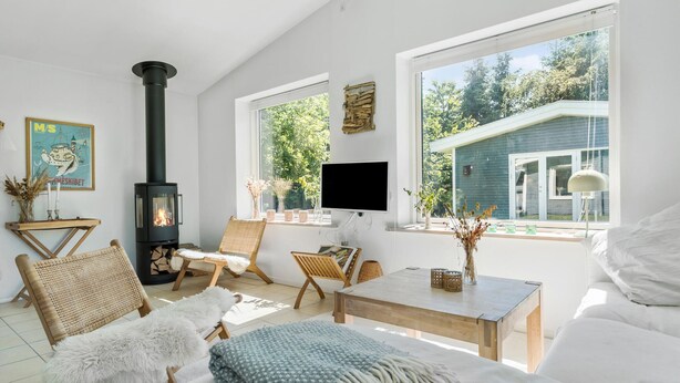 A cozy living room with a fireplace, a TV, and a view of a blue house.