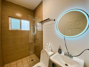 Douche, séchoir à cheveux, serviettes fournies, savon