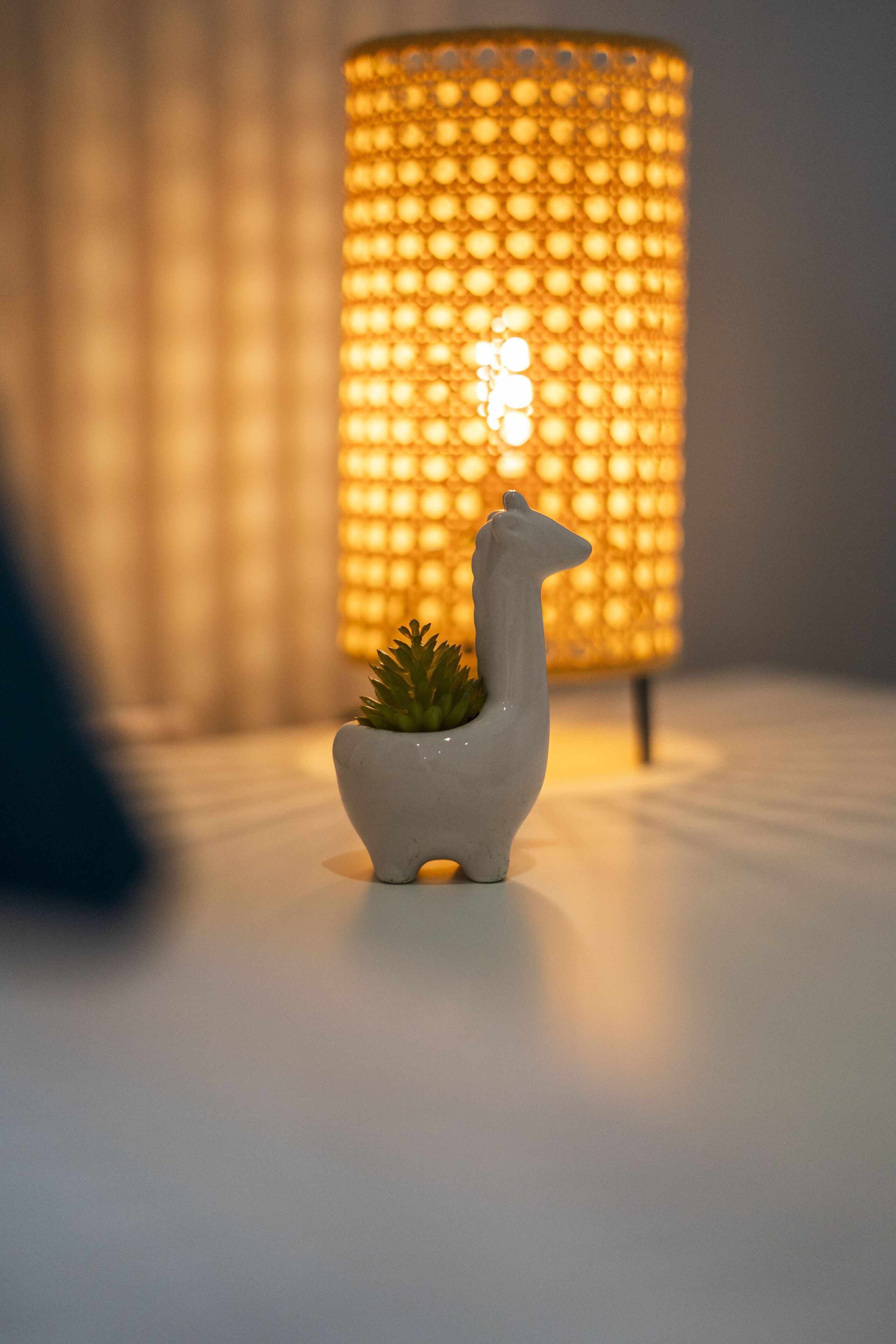 A small white ceramic llama figurine with a plant in a pot, placed on a white surface with a lit cylindrical lamp in the background.