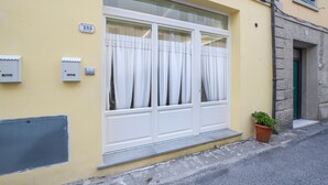 A building with a yellow facade, a white window with curtains, a green door, and a potted plant on the sidewalk. - Awesome apartment in Camaiore with WiFi (Camaiore)