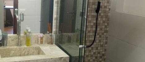 Hair dryer, towels, soap, toilet paper