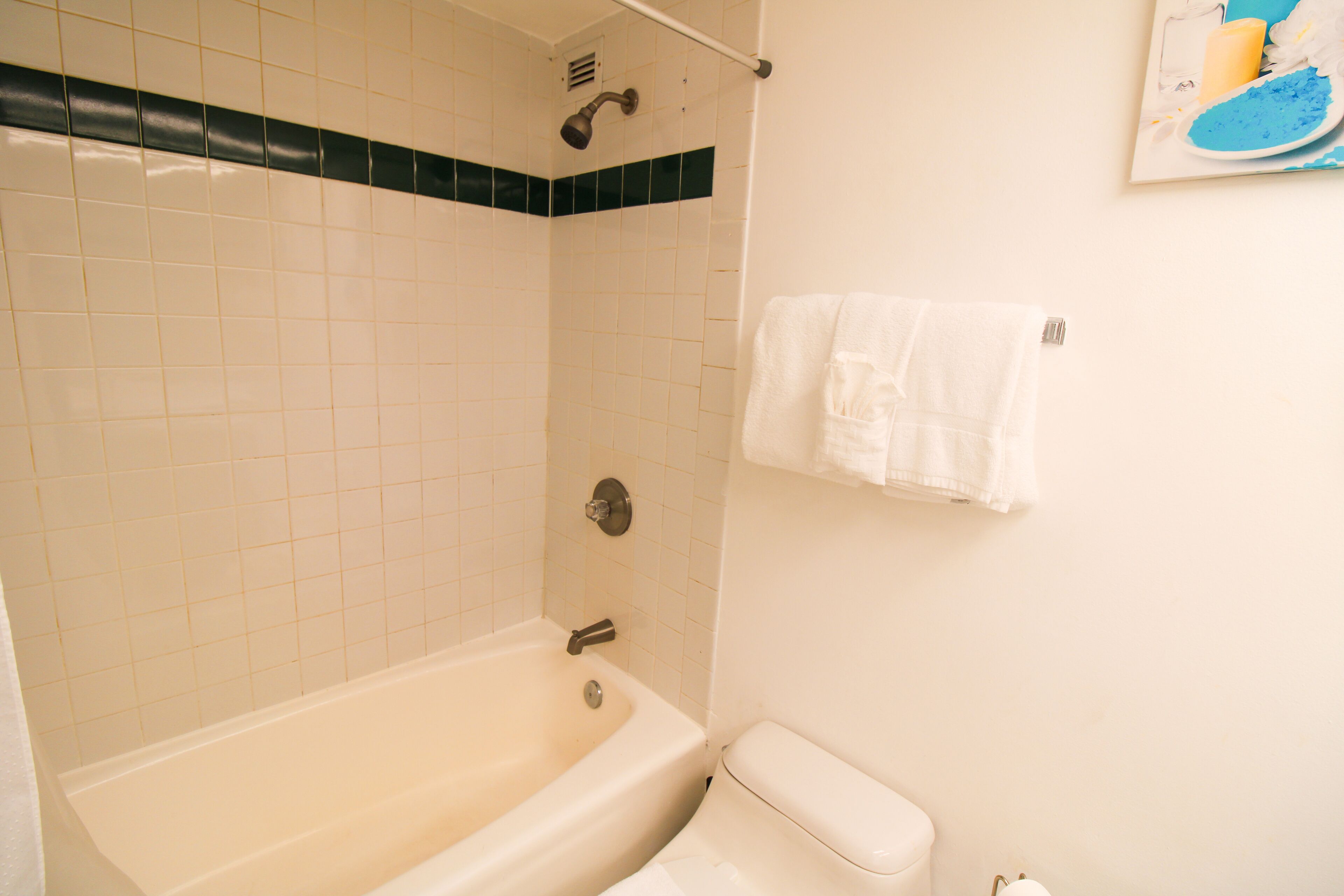 Ein Badezimmer mit einer Badewanne, Toilette und einem Handtuchhalter.