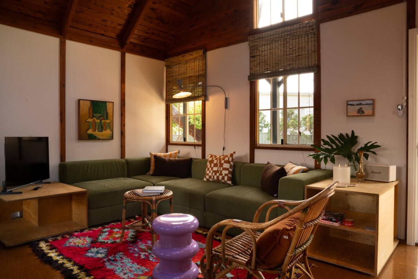 Een gezellige woonkamer met een groene bank, een televisie, een rieten fauteuil, een rood-blauw kleed en een raam met uitzicht.