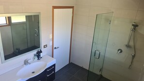 Bathroom features a large mirror, sink, and glass-enclosed shower area.