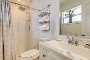 Hair dryer, towels, soap, shampoo