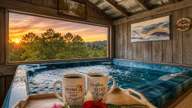 A hot tub with two mugs, a wooden tray with flowers, and a scenic sunset view.