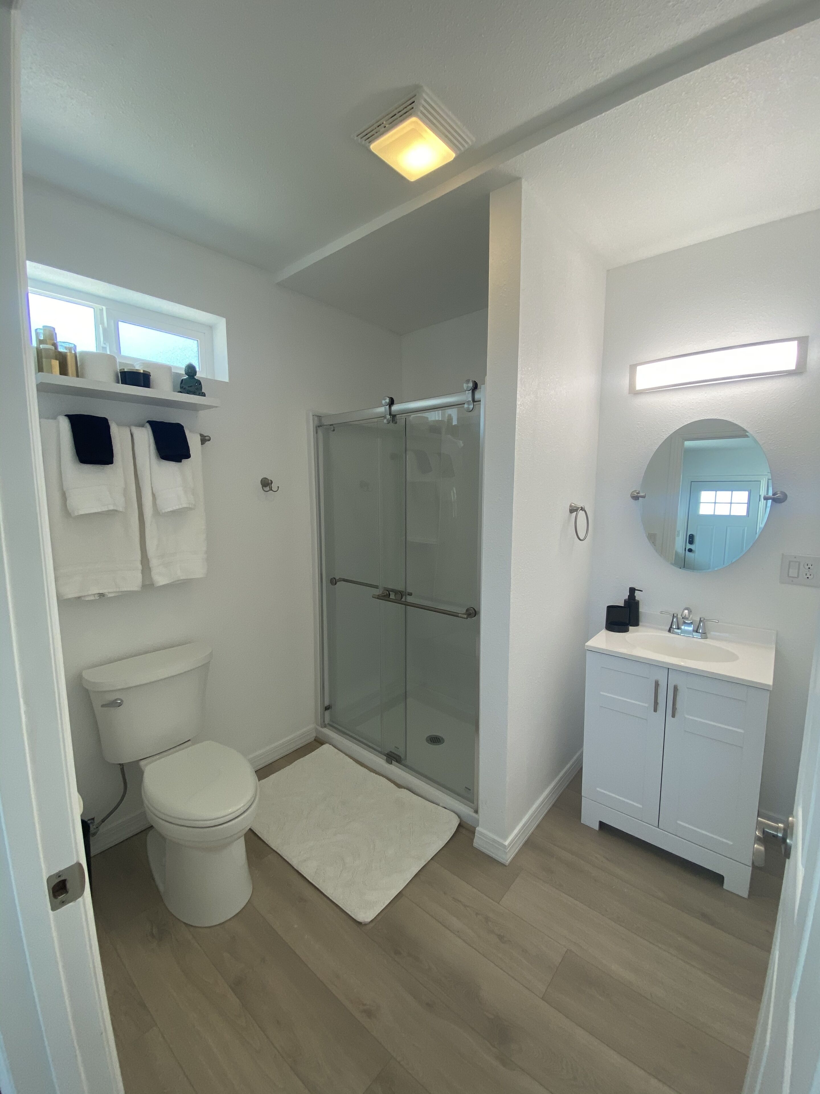 Shower, towels, soap, shampoo