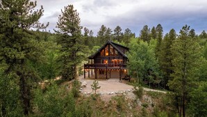 Una cabaña de troncos con terraza, rodeada por un bosque denso.