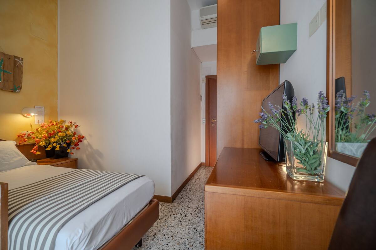 Una habitación de hotel con cama, mesita de noche con lámpara, televisión y una pequeña planta.