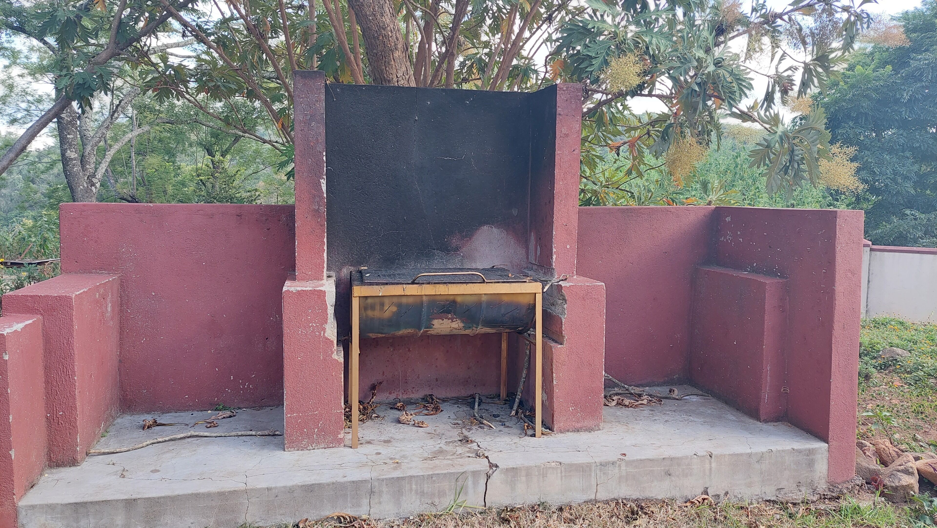 Una estructura de concreto con armazón metálico, posiblemente un área de barbacoa, rodeada por un muro rojo y vegetación.