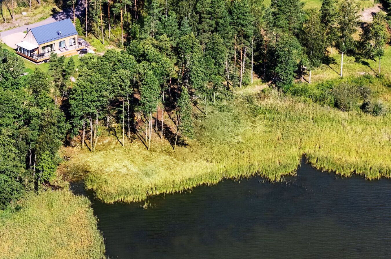 A house surrounded by dense forest and a body of water.
