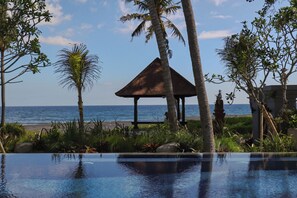 A pool area with a thatched gazebo, palm trees, and a view of the ocean.