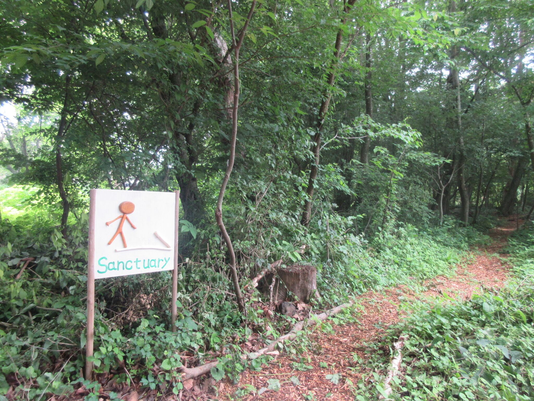 A signpost in a forested area with the word 'Sanctuary' and a stick figure symbol.